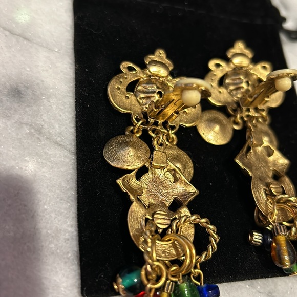 Vintage Designer Antiqued Gold with Jewel Tone Crystals Earrings-Boutique - Picture 7 of 8